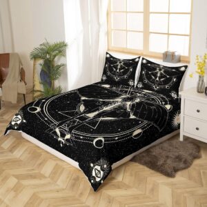 Castle Fairy Death Moth Comforter Cover Full Size,Stars and Moon Phase Space Duvet Cover with 2 Pillowcases,3 Piece,Abstract Exotic Aesthetic Polyester Bedding Set for Boys Teens Bedroom Decor