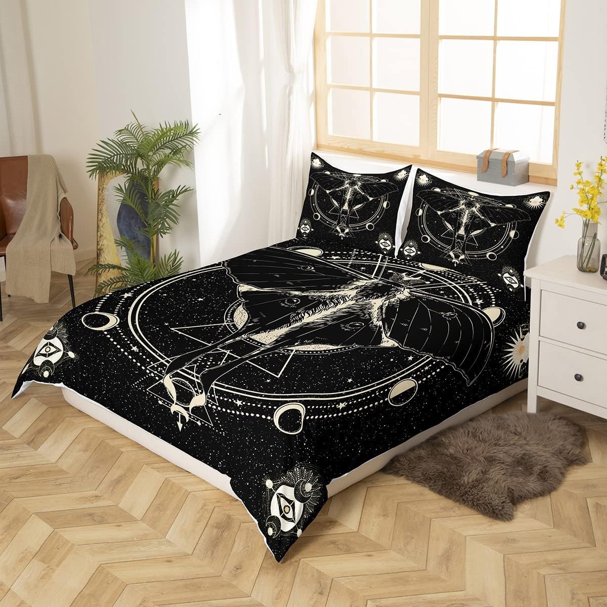 Castle Fairy Death Moth Comforter Cover Full Size,Stars and Moon Phase Space Duvet Cover with 2 Pillowcases,3 Piece,Abstract Exotic Aesthetic Polyester Bedding Set for Boys Teens Bedroom Decor