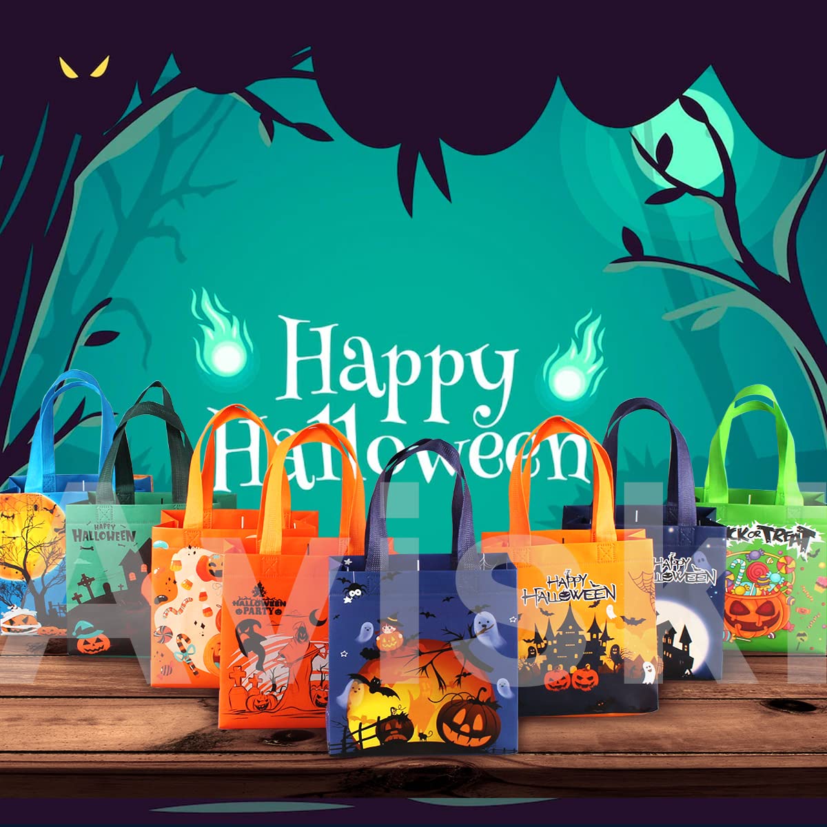 Aviski 8PCS Halloween Trick or Treat Bags, Small Halloween Tote Bags with Handles, Gift Bags, Multifunctional Non-Woven Halloween Bags for Gifts Wrapping, Trick or Treat, Halloween Party Supplies