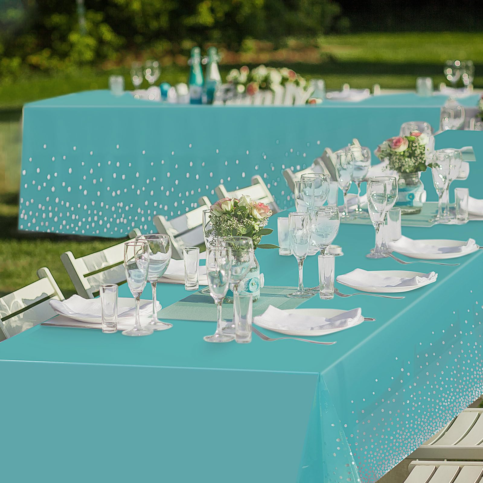 3 Pieces Teal Blue and Silver Dot Tablecloth Plastic Confetti Rectangle Disposable Table Cover for Birthday Wedding Baby Shower Engagement Anniversary Bachelorette Party, 54 x 108 Inch