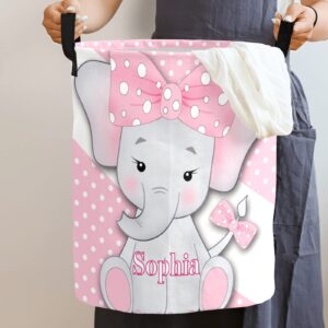 Polka Dot Cute Elephant Large Laundry Basket Custom Name Foldable Clothes Bag Collapsible Fabric Laundry Hamper Folding Washing Bin for Gift, 19.69 inches (height) x 14.17 inches (diameter)