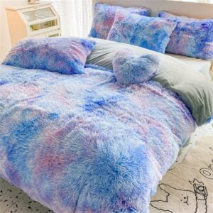 IHOUSTRIY Blue Queen Duvet Cover Set Rainbow Tie Dye Fluffy Girls Bedding Set Queen Size Plush Shaggy Furry Comforter Cover Set for Bedroom Decor (1 Duvet Cover, 2 Pillowcases)