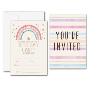 disfuco pink rainbow birthday party invitations - boho rainbow party supplies - fill in the blank birthday party invites - 20 invitation cards with 20 envelopes - (005a)