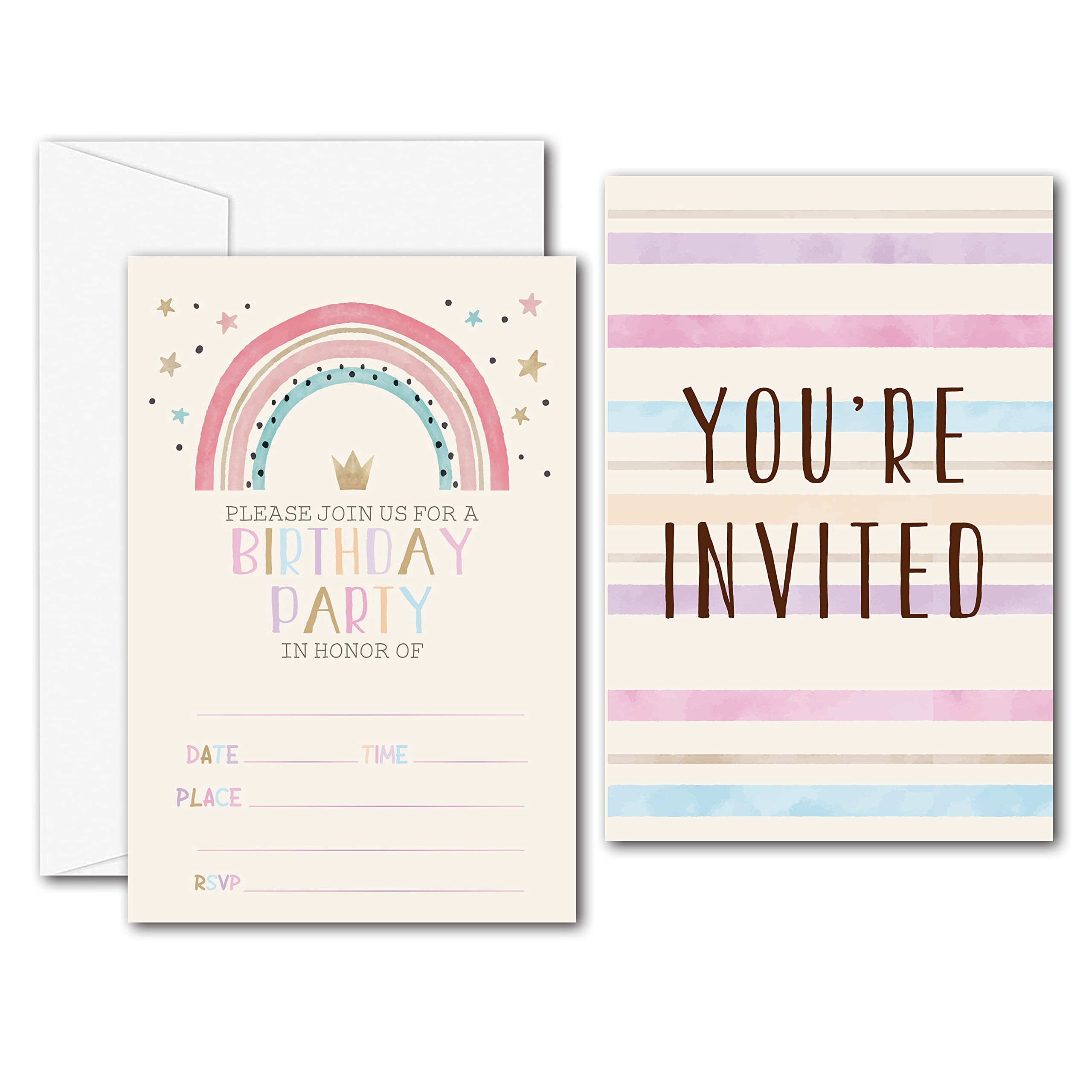 Disfuco Pink Rainbow Birthday Party Invitations - Boho Rainbow Party Supplies - Fill in The Blank Birthday Party Invites - 20 Invitation Cards With 20 Envelopes - (005A)