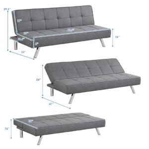 POWERSTONE Convertible Futon Sofa Bed Linen Small Couch Fabric Folding Sleeper Sofa for Living Room Furniture Set with Chrome Legs Gray