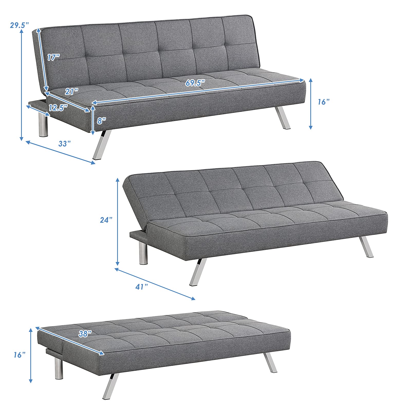 POWERSTONE Convertible Futon Sofa Bed Linen Small Couch Fabric Folding Sleeper Sofa for Living Room Furniture Set with Chrome Legs Gray