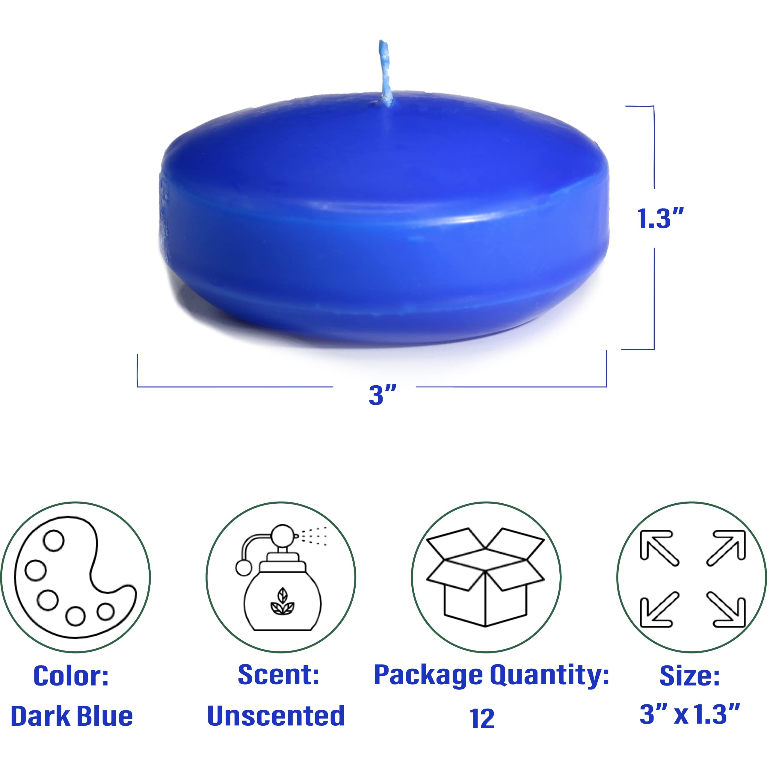 CandleNScent Unscented Floating Candles | Large 3 Inch - Fits in 3 Inch Vase and Above | Dark Blue | Floats On Water | Pack of 12