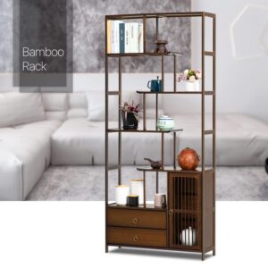 MoNiBloom Bamboo 7 Tier Staggered Bookshelf Etagere Vintage Bookcase Display Open Shelf for Home Living Room Office Bedroom, Brown