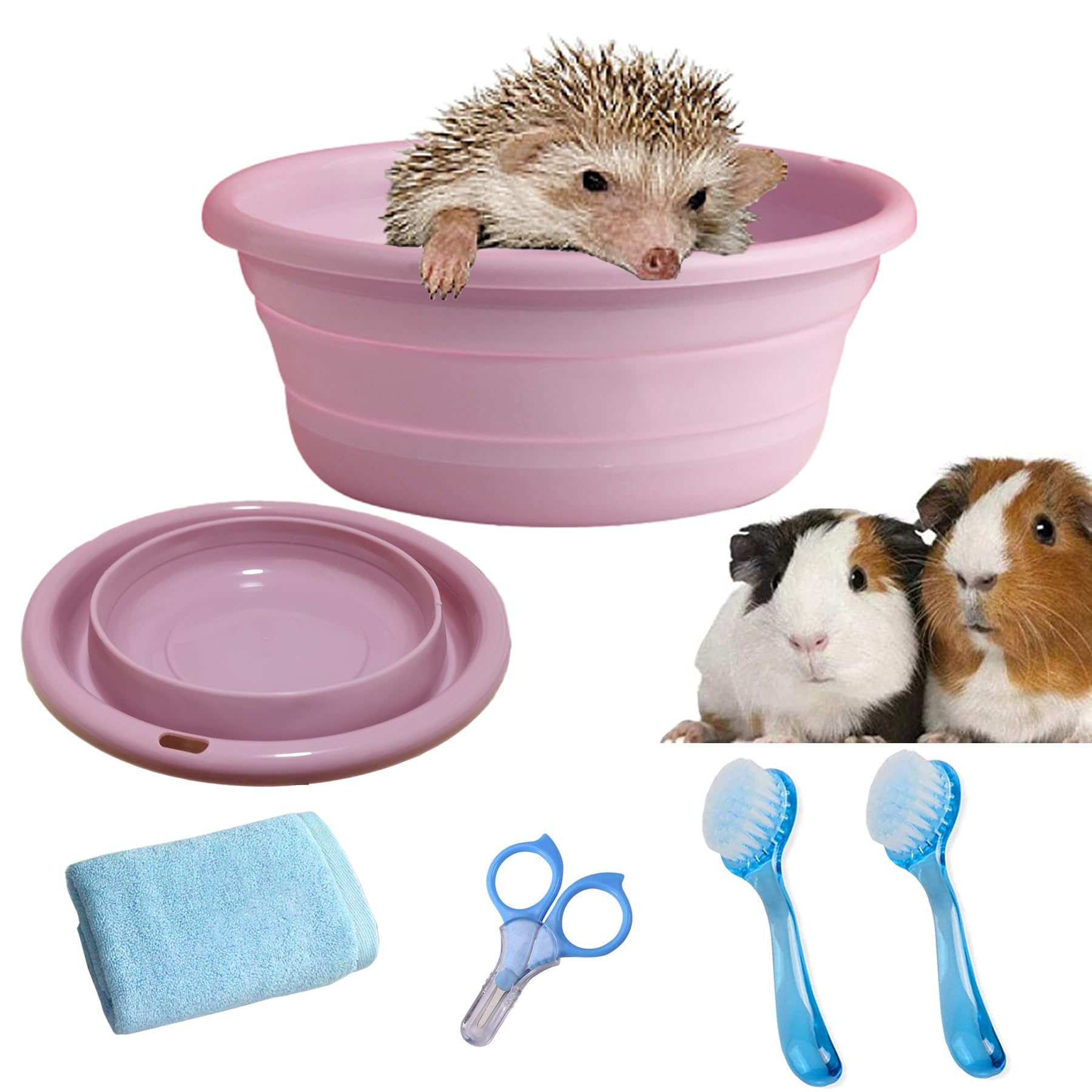 JSLZF Small Animal Grooming Kit - Foldable Bathtub, Nail Clippers, Bathing Brushes, Towel for Guinea Pigs & Hedgehogs