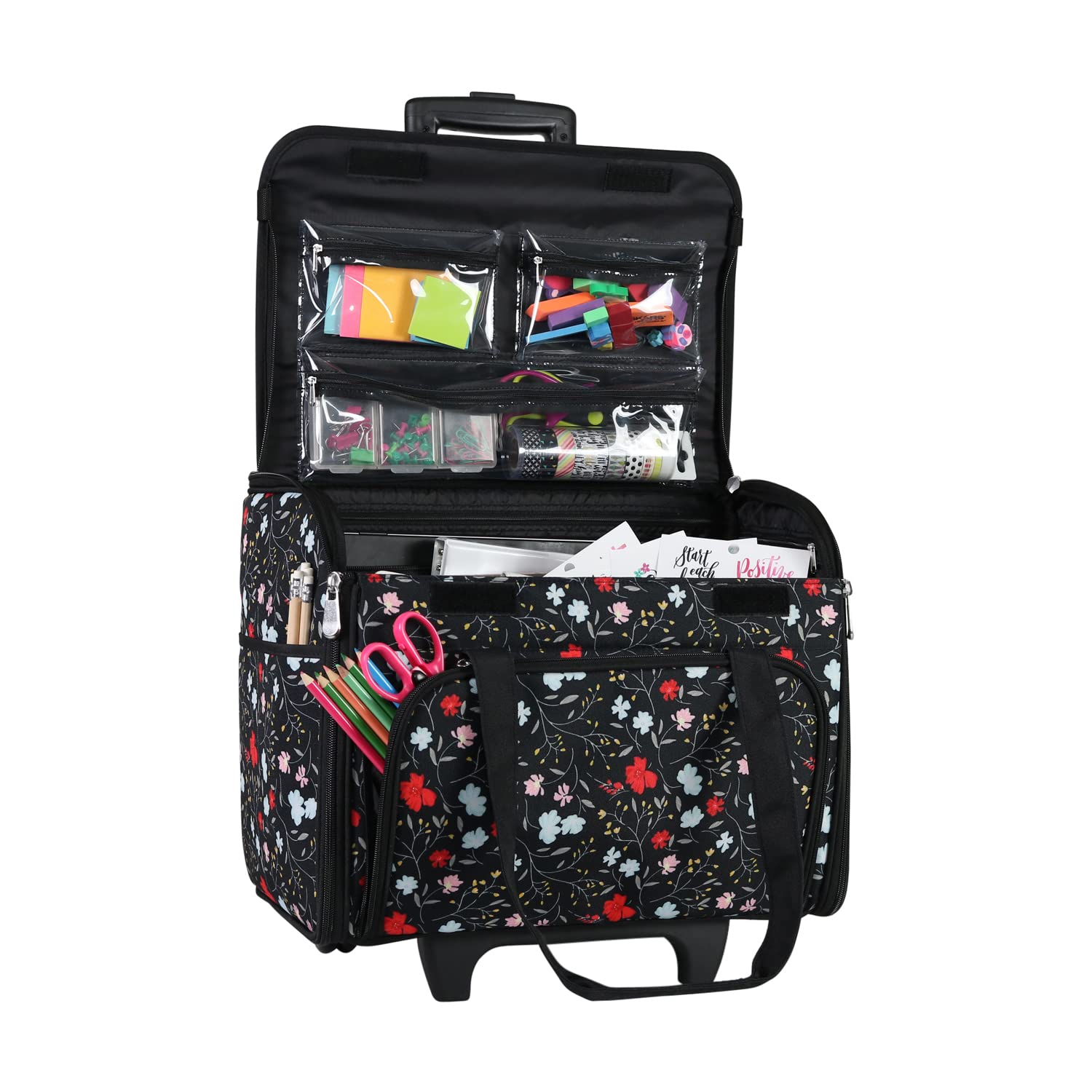 Everything Mary Craft Trolley Bag, Black Floral - Craft Organiser on Wheels for Sewing, Scrapbooking, Paper Craft, and Art - Storage Case for Supplies and Accessories