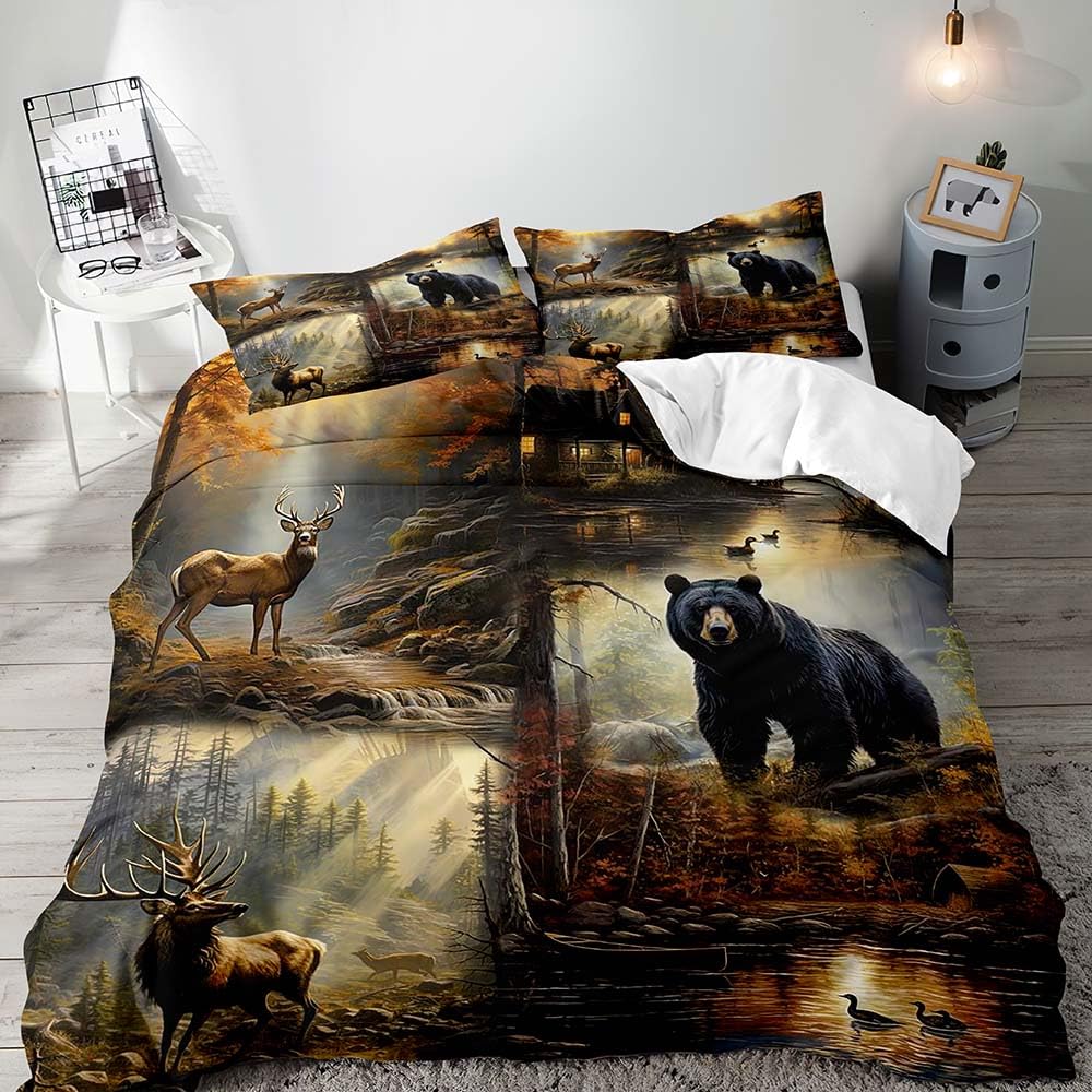 VIVIHOME 3PCS Black Bear Deer Bedding Set, Woodland Animals Elk Moose Wildlife Hunting Country Lodge Cabin Duvet Cover Set, Rustic Farmhouse Comforter Cover with 2 Pillowcases, Soft Microfiber, Queen