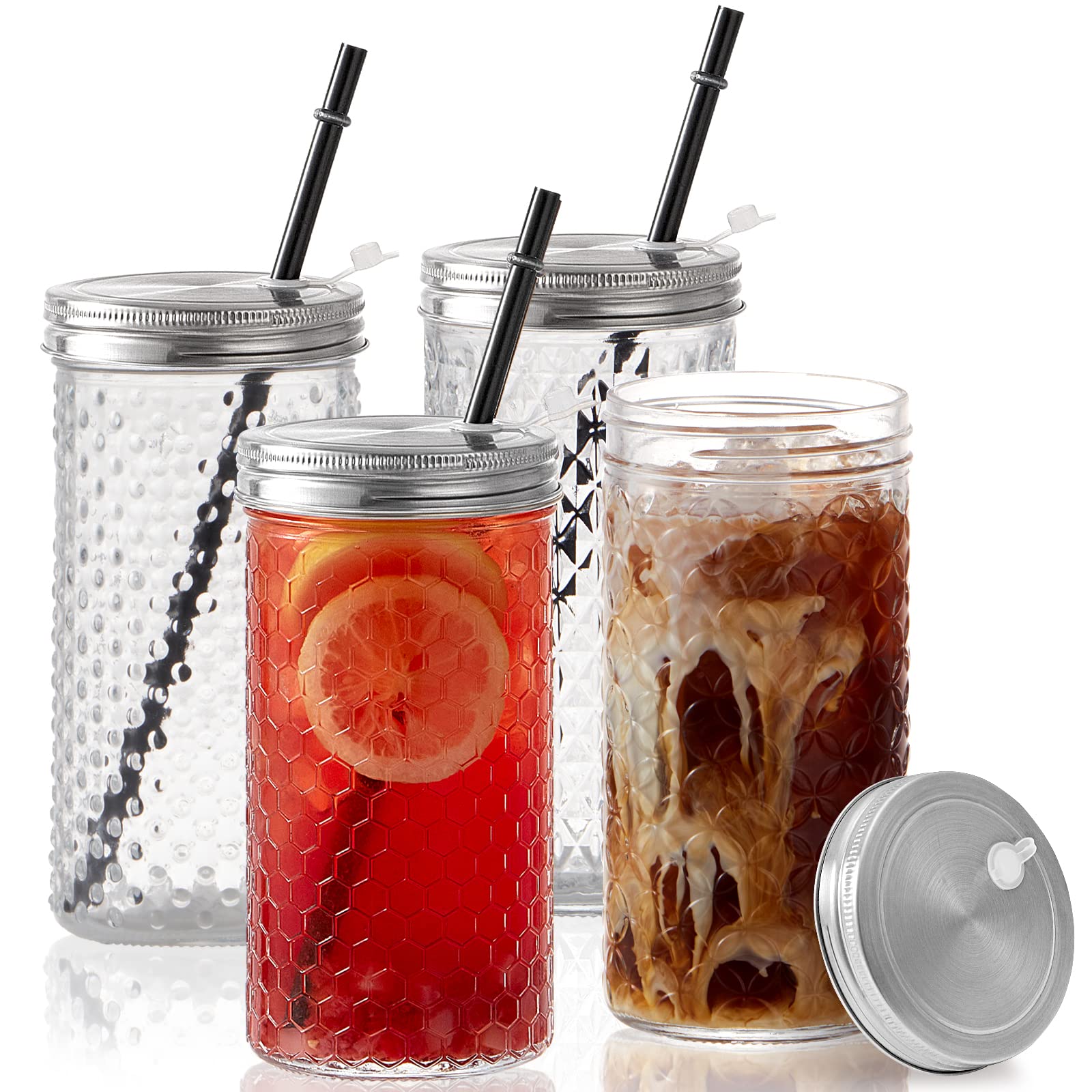 4Pack Glass Tumblers with Stainless Steel Lids and Straws, 24 OZ Wide Mouth Mason Jar Drinking Glasses for Iced Coffee/Tea, Juices and Cocktail, Travel Glass Bottles with Varitey of Patterns