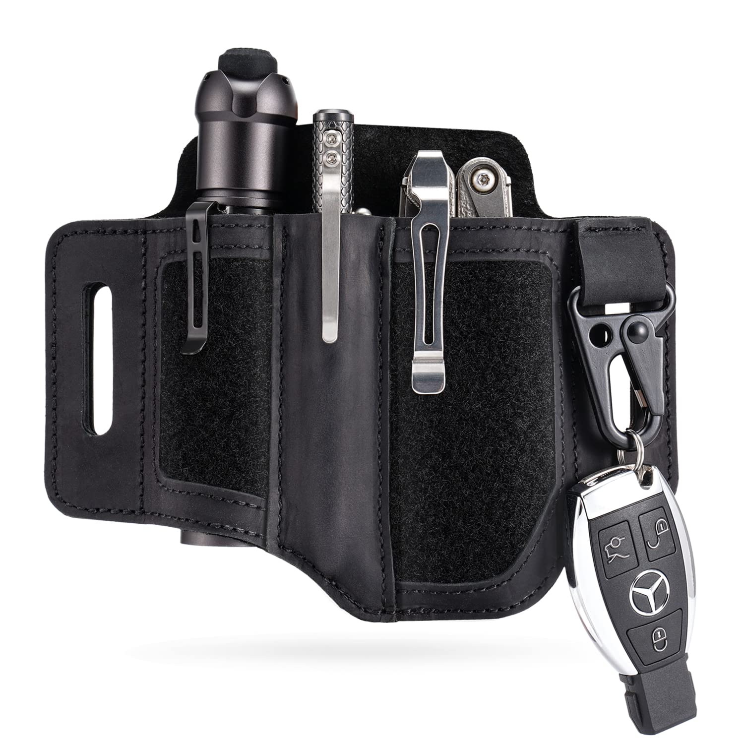 VIPERADE PL3 Multitool Sheath, Leather Sheath with DIY Patch Area, EDC Pocket Organizer for Men, Leatherman Sheath Flashlight Holder with Pen Holder, EDC Belt Organizer with Key Holder (A-Black)