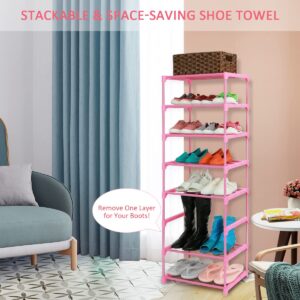 LNYZQUS Small Kids Shoe Rack, 4 Tier Pink Shoe Organizer Shoe Shelf for Closet,Stackable Narrow Shoe Stand Slim Zapateras Organizer,Cute Toddler Shoe Rack Floor for Women & Girls-Full Pink