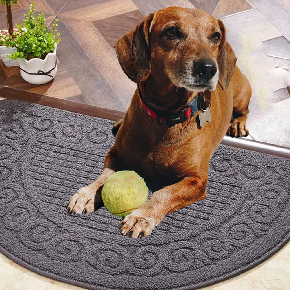 Half Round Indoor Door Mat 18"X30",Non Slip Machine Washable Entryway Rug for Front/Back Outdoor,Half Circle Absorbent Low Profile Entrance Kitchen Floor Mat Doormat for Muddy and Paws-Grey