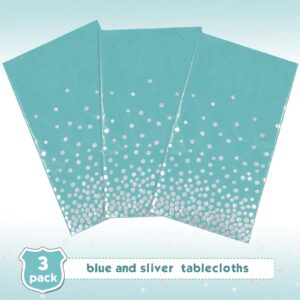 3 Pieces Teal Blue and Silver Dot Tablecloth Plastic Confetti Rectangle Disposable Table Cover for Birthday Wedding Baby Shower Engagement Anniversary Bachelorette Party, 54 x 108 Inch