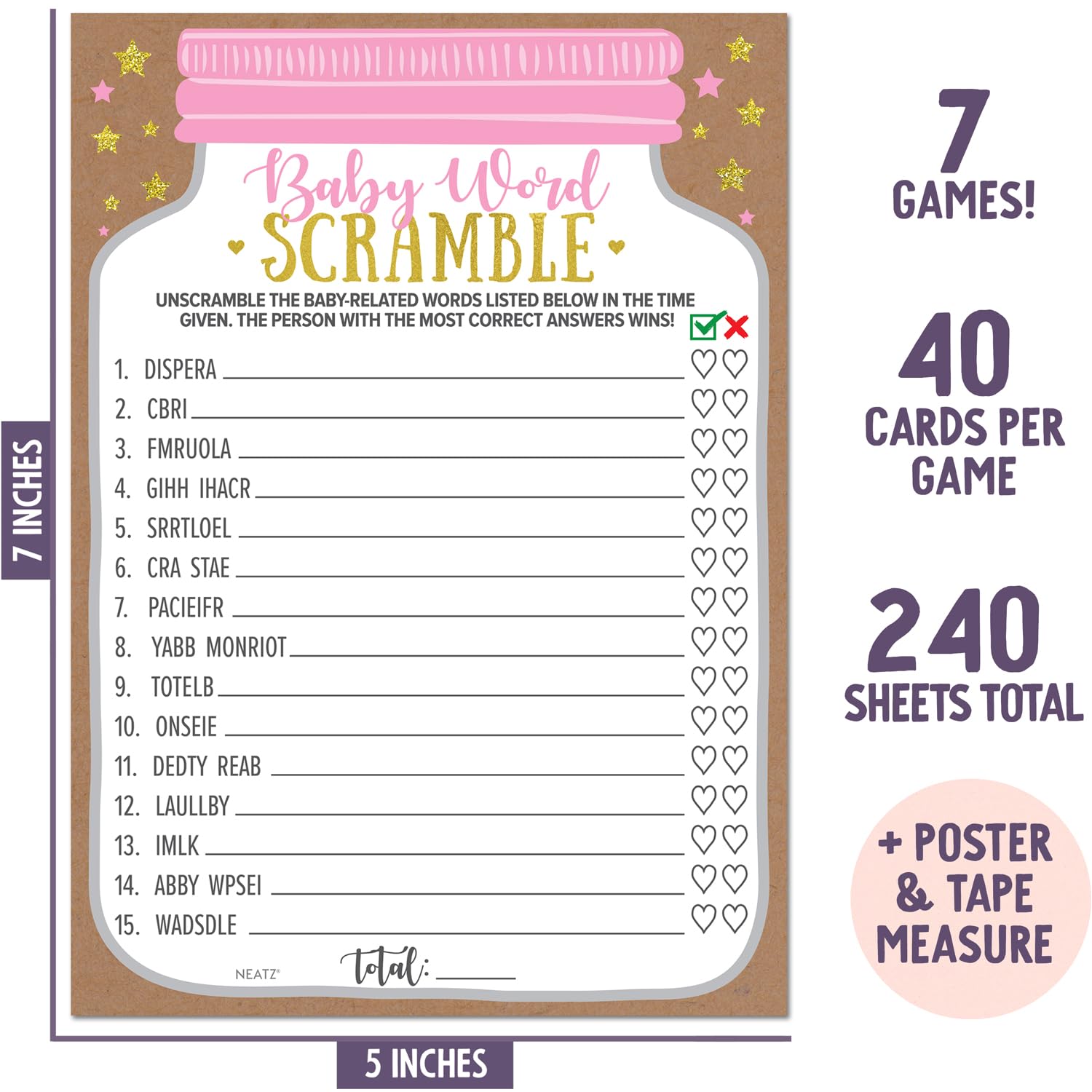 Neatz Baby Shower Games for Girl - Huge Set, 7 Games - Hilarious Baby Shower Games, Baby Prediction Cards, Mason Jar Baby Shower Decorations for Girl