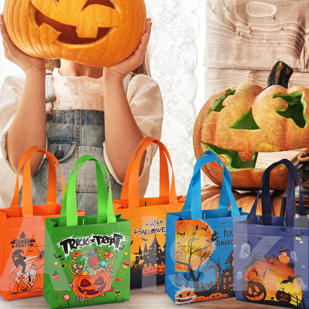 Aviski 8PCS Halloween Trick or Treat Bags, Small Halloween Tote Bags with Handles, Gift Bags, Multifunctional Non-Woven Halloween Bags for Gifts Wrapping, Trick or Treat, Halloween Party Supplies