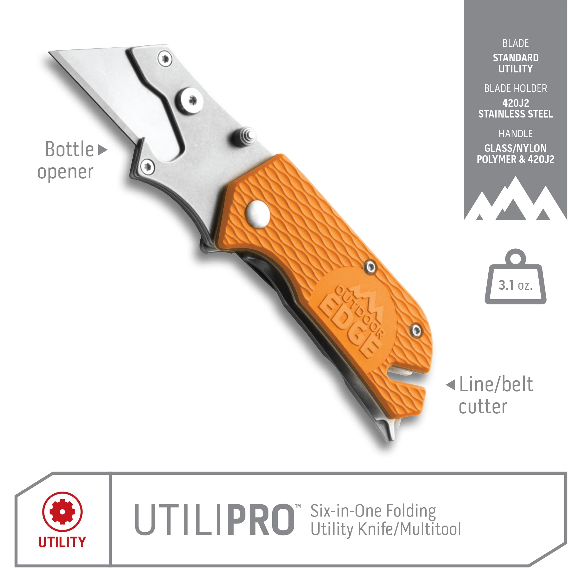 OUTDOOR EDGE UTILIPRO 5 in 1 Utility Knife - Bottle Opener Flathead/Prybar, Phillips Screw Driver, Line Cutter & Pocket Clip. Uses Standard Utility Razor Blades (Orange)