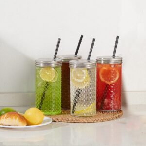 4Pack Glass Tumblers with Stainless Steel Lids and Straws, 24 OZ Wide Mouth Mason Jar Drinking Glasses for Iced Coffee/Tea, Juices and Cocktail, Travel Glass Bottles with Varitey of Patterns