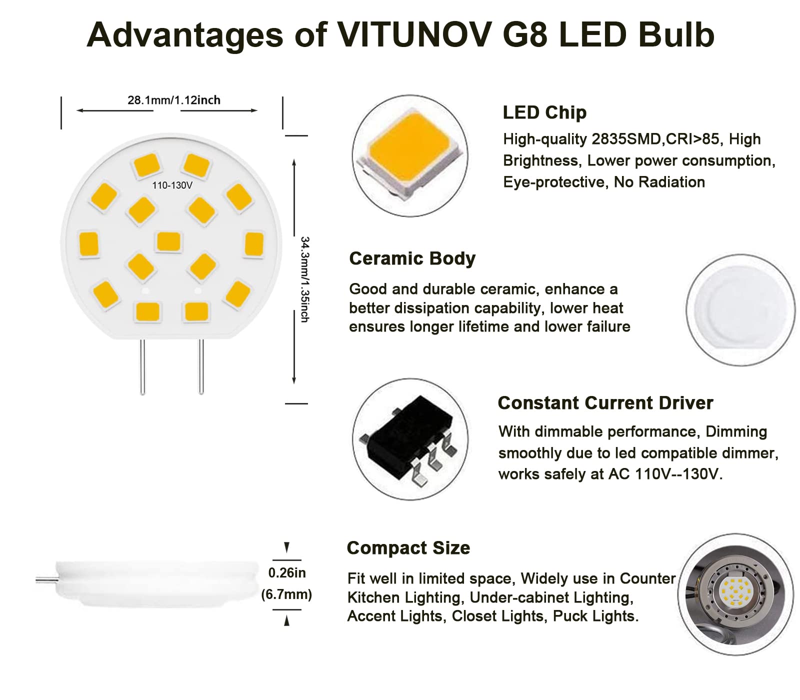 VITUNOV G8 LED Puck Light Bulbs, 3W Equivalent to 20W-25W Halogen Bulb, T4 JCD Type Bi-Pin Base, 120V Warm White 3000K G8 Bulbs for Under Cabinet, Counter Lighting, 6Pack