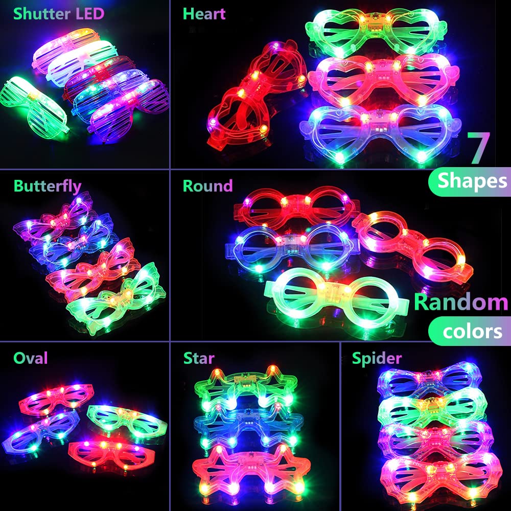 21 Pcs LED Glasses 7 shapes 6 LED Glow In The Dark Party Supplies Favor for Kids Adults shutter heart round star butterfly Glow Sticks Light Up Glasses fit Birthday Halloween Christmas Valentine's Day