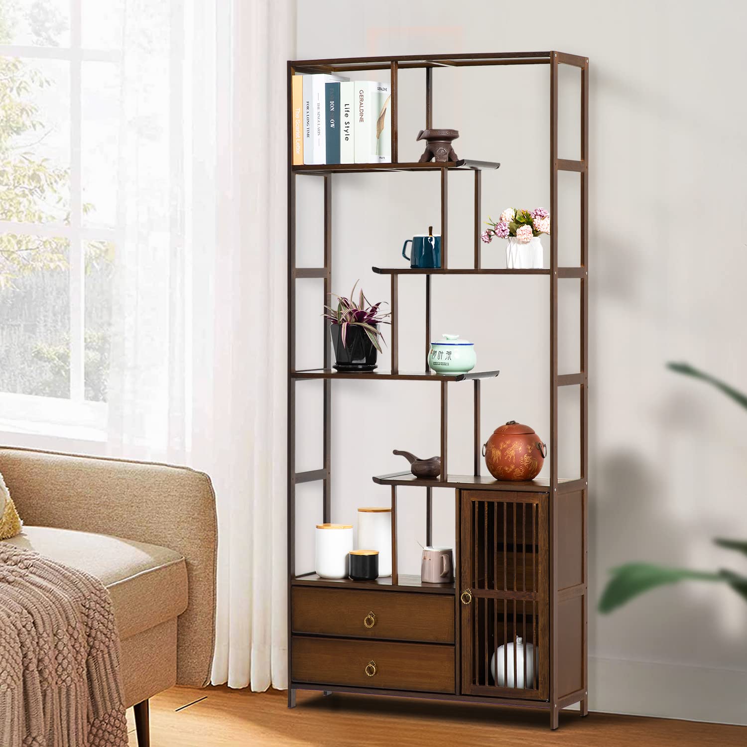 MoNiBloom Bamboo 7 Tier Staggered Bookshelf Etagere Vintage Bookcase Display Open Shelf for Home Living Room Office Bedroom, Brown