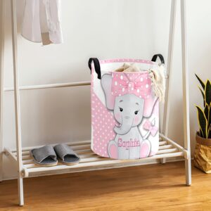 Polka Dot Cute Elephant Large Laundry Basket Custom Name Foldable Clothes Bag Collapsible Fabric Laundry Hamper Folding Washing Bin for Gift, 19.69 inches (height) x 14.17 inches (diameter)