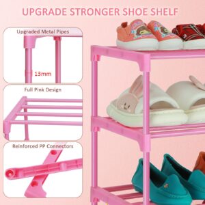 LNYZQUS Small Kids Shoe Rack, 4 Tier Pink Shoe Organizer Shoe Shelf for Closet,Stackable Narrow Shoe Stand Slim Zapateras Organizer,Cute Toddler Shoe Rack Floor for Women & Girls-Full Pink