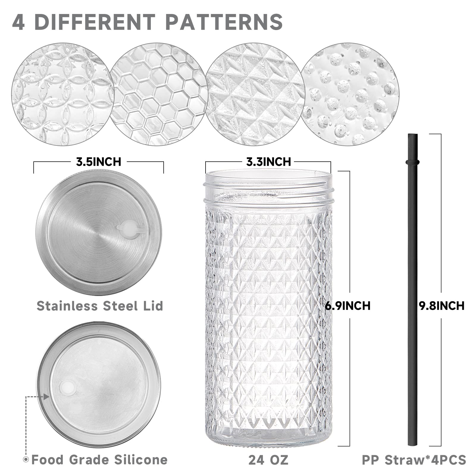 4Pack Glass Tumblers with Stainless Steel Lids and Straws, 24 OZ Wide Mouth Mason Jar Drinking Glasses for Iced Coffee/Tea, Juices and Cocktail, Travel Glass Bottles with Varitey of Patterns