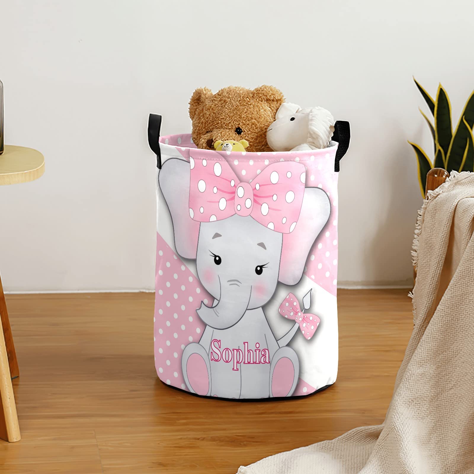 Polka Dot Cute Elephant Large Laundry Basket Custom Name Foldable Clothes Bag Collapsible Fabric Laundry Hamper Folding Washing Bin for Gift, 19.69 inches (height) x 14.17 inches (diameter)