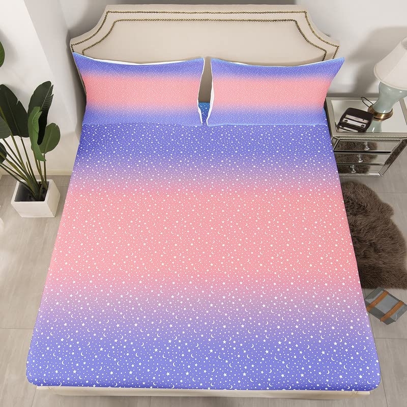 Kids Space Star Bed Sheets, Ombre Gradient Sheet Set Full Size Galaxy Fitted Sheet For Girls Boys Women Bedroom Decor, Starry Sky Bling Bedding Set 4 Piece With 2 Pillow Cases, Purple Pink