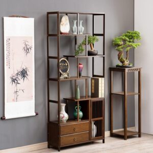 MoNiBloom Bamboo 7 Tier Staggered Bookshelf Etagere Vintage Bookcase Display Open Shelf for Home Living Room Office Bedroom, Brown