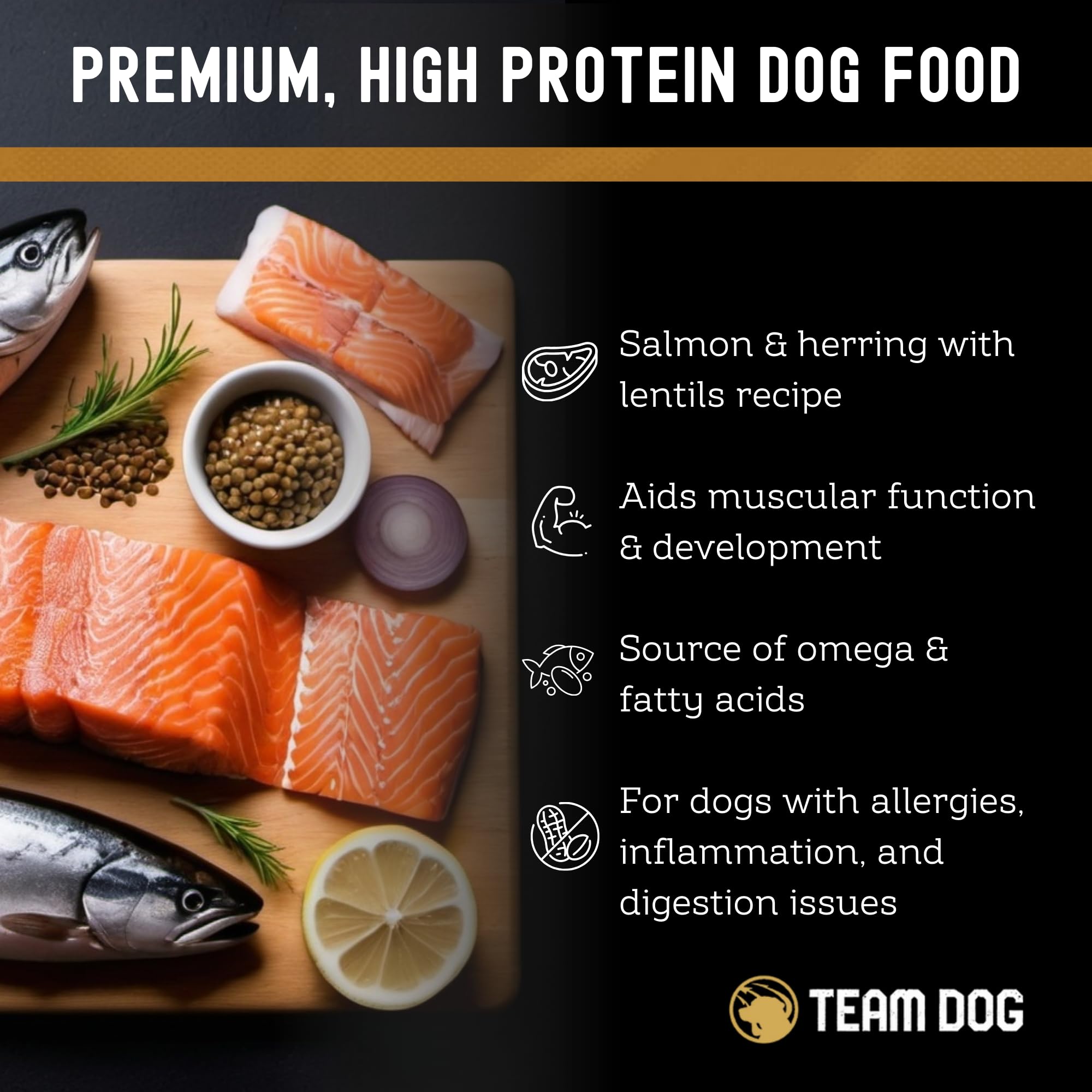 Team Dog Elite Blend Salmon Dog Food with Herring & Lentils | High Protein Dog Food for Sensitive Stomachs & Skin | Chicken Free, Gluten Free, GMO Free, No Corn, Wheat or Soy (15 lb Dry Dog Food)