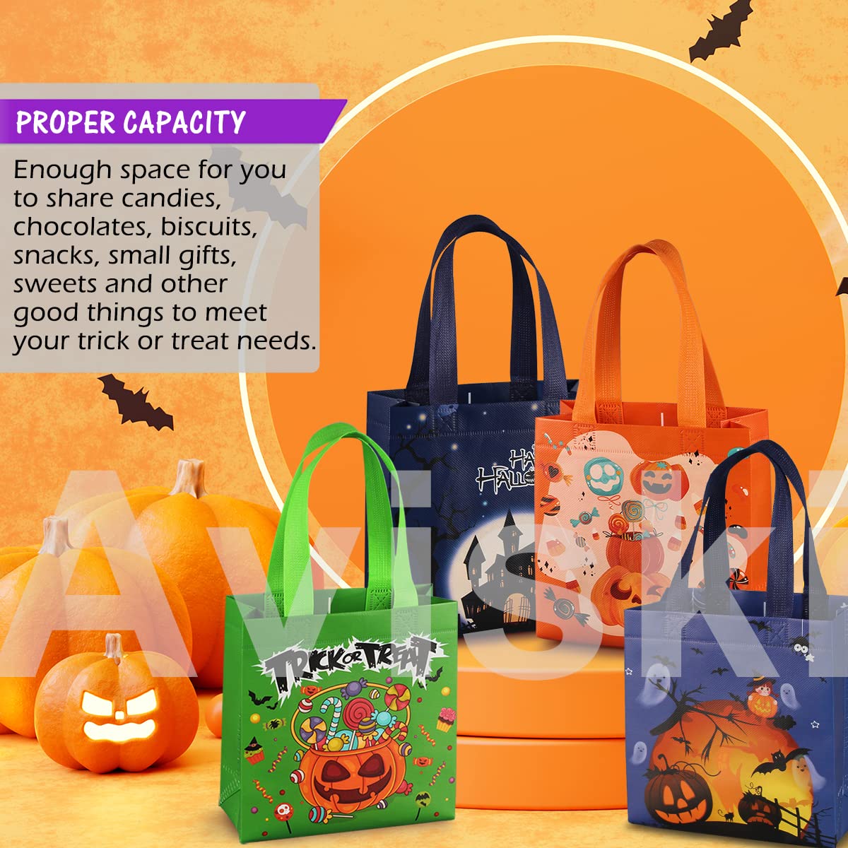 Aviski 8PCS Halloween Trick or Treat Bags, Small Halloween Tote Bags with Handles, Gift Bags, Multifunctional Non-Woven Halloween Bags for Gifts Wrapping, Trick or Treat, Halloween Party Supplies