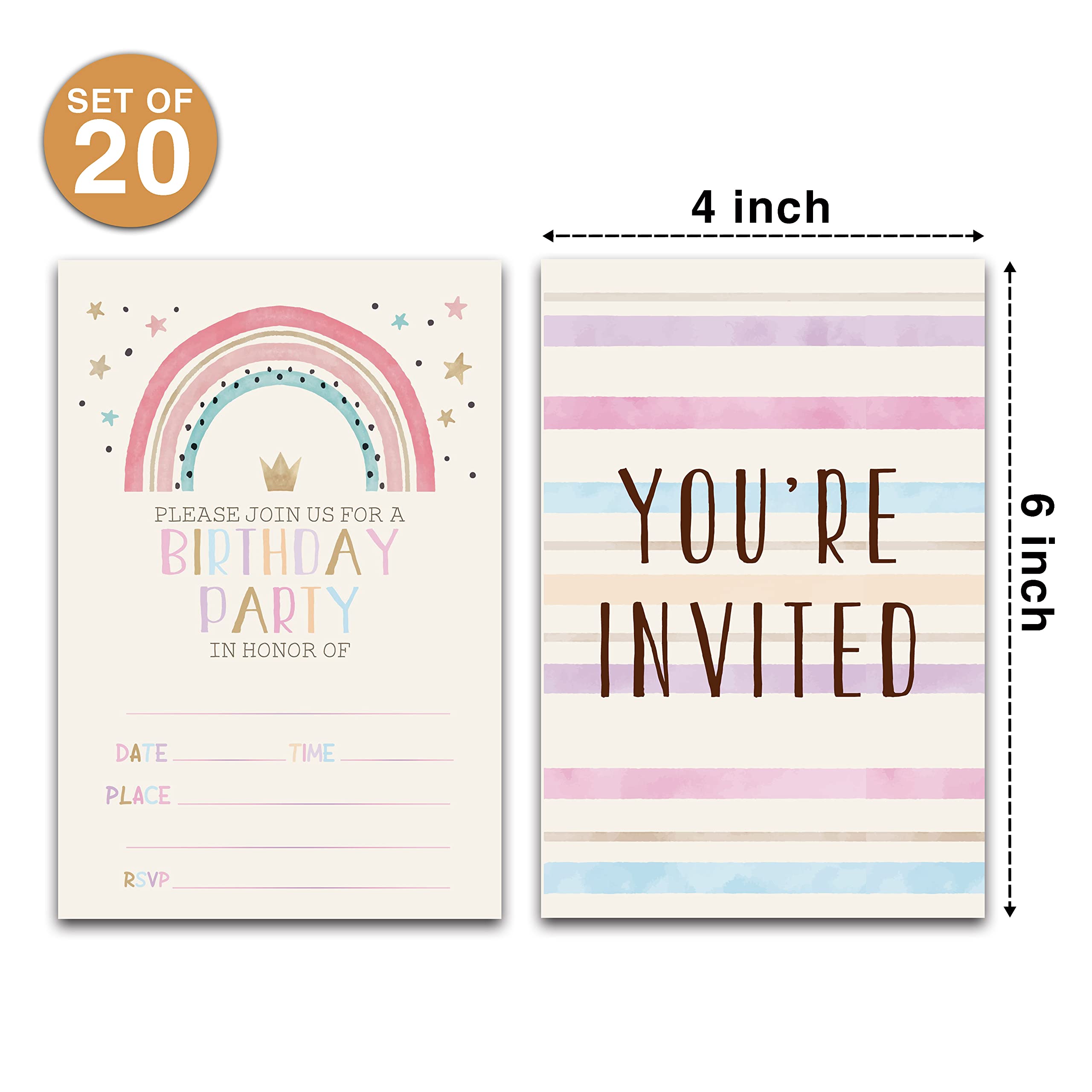 Disfuco Pink Rainbow Birthday Party Invitations - Boho Rainbow Party Supplies - Fill in The Blank Birthday Party Invites - 20 Invitation Cards With 20 Envelopes - (005A)