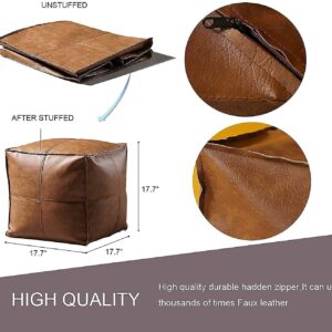 Pouf Ottoman, Unstuffed Ottoman Pouf Cover, Handmade Outdoor Pouf Faux PU Leather Moroccan, Brown 17.7" Square, Ottoman for Living Room Balcony Office Outdoor for Christmas Decorations Gift