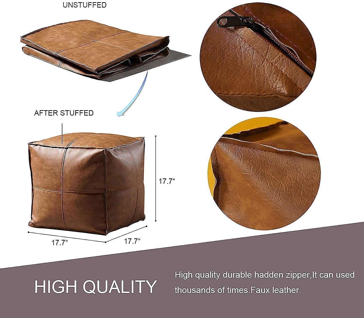 Pouf Ottoman, Unstuffed Ottoman Pouf Cover, Handmade Outdoor Pouf Faux PU Leather Moroccan, Brown 17.7" Square, Ottoman for Living Room Balcony Office Outdoor for Christmas Decorations Gift