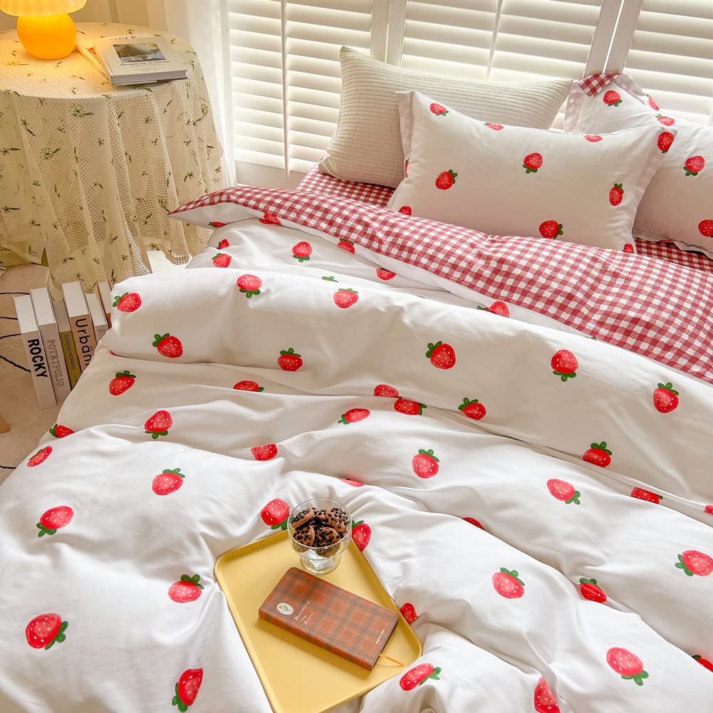 BlueBlue Strawberry Kids Duvet Cover Set Queen 100% Cotton Bedding for Boys Girls Teens Cartoon Red Strawberry Pattern 1 Fruit Full Comforter Cover 2 Pillow Shams (Queen)