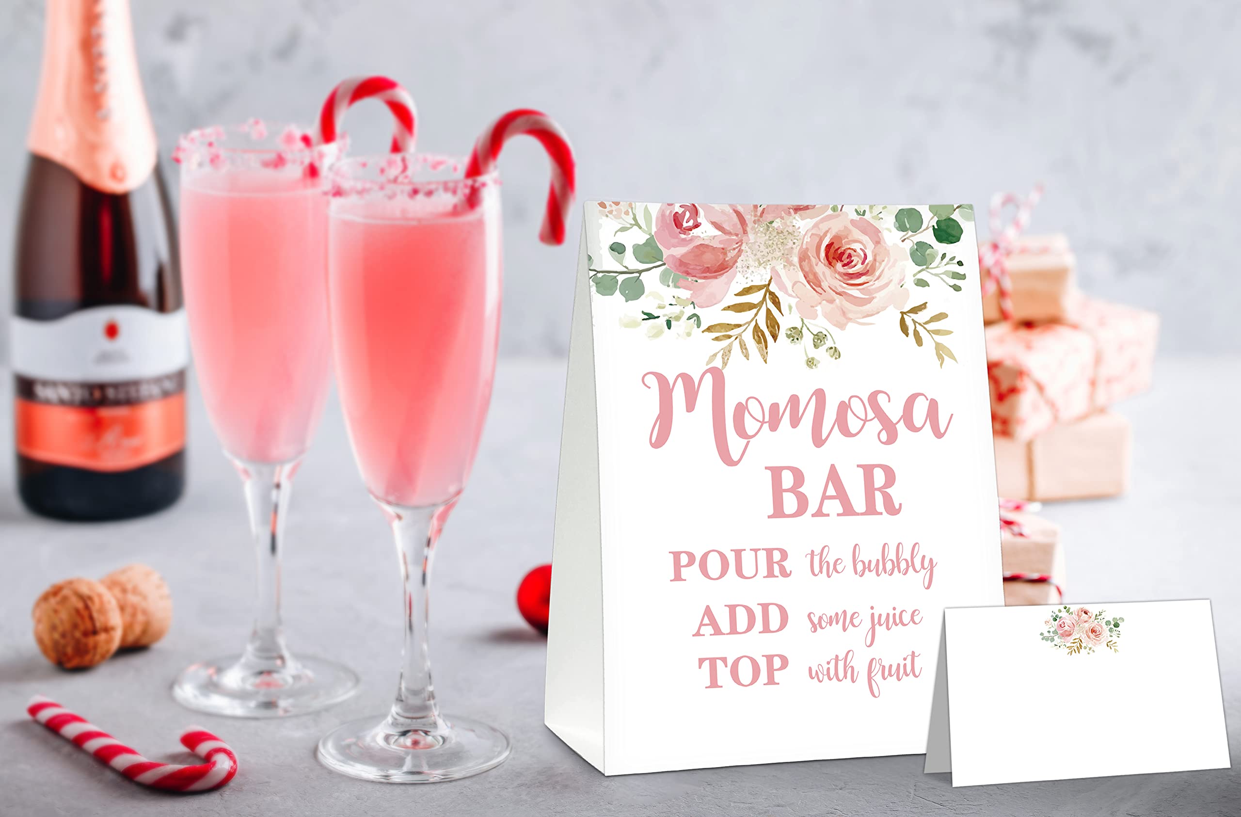 Momosa Bar Supplies Kit - Floral Momosa Bar Sign - Blush Pink Table Place Cards - Bridal Shower, Graduation Party, Bubbly Bar, Mimosa Bar, Birthday Brunch, Engagement Party Decor(01)