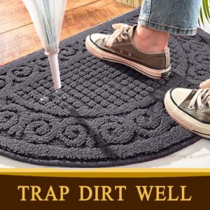 Half Round Indoor Door Mat 18"X30",Non Slip Machine Washable Entryway Rug for Front/Back Outdoor,Half Circle Absorbent Low Profile Entrance Kitchen Floor Mat Doormat for Muddy and Paws-Grey