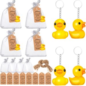 200 pieces cute 3d duck keychain rubber duck birthday party favors mini cartoon duck key chain thank you tags white gift bags with rope duck pendant accessories for birthday party baby shower