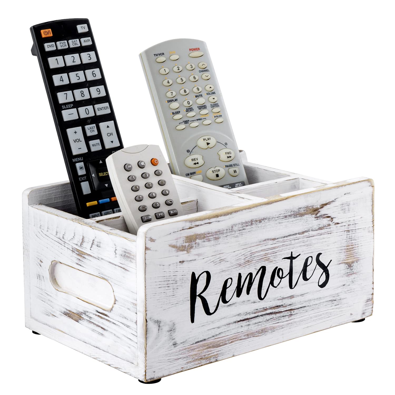 MyGift Whitewashed Wood Remote Control Holder Organizer with 4 Compartments, Media Storage Caddy with Cursive REMOTES Design