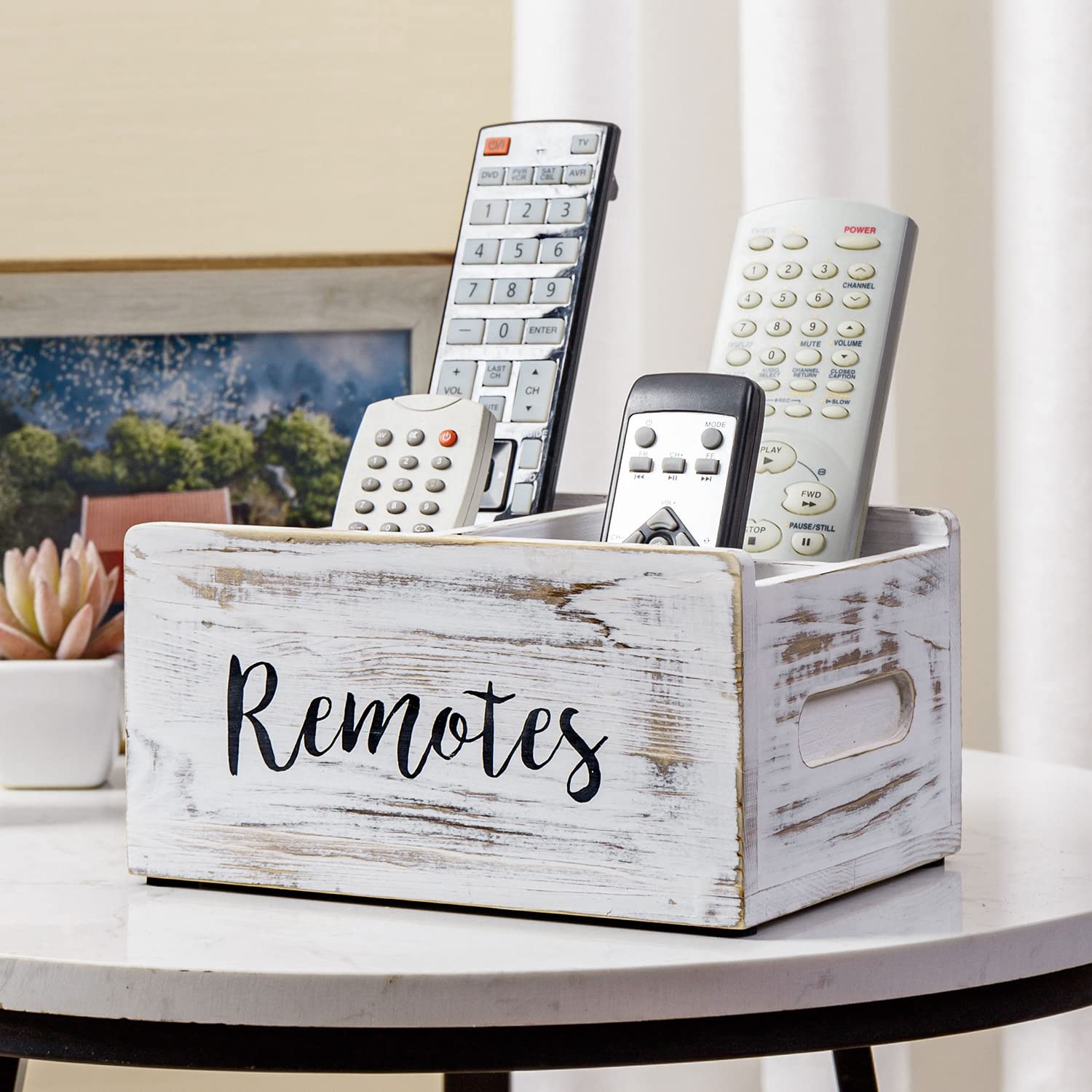 MyGift Whitewashed Wood Remote Control Holder Organizer with 4 Compartments, Media Storage Caddy with Cursive REMOTES Design