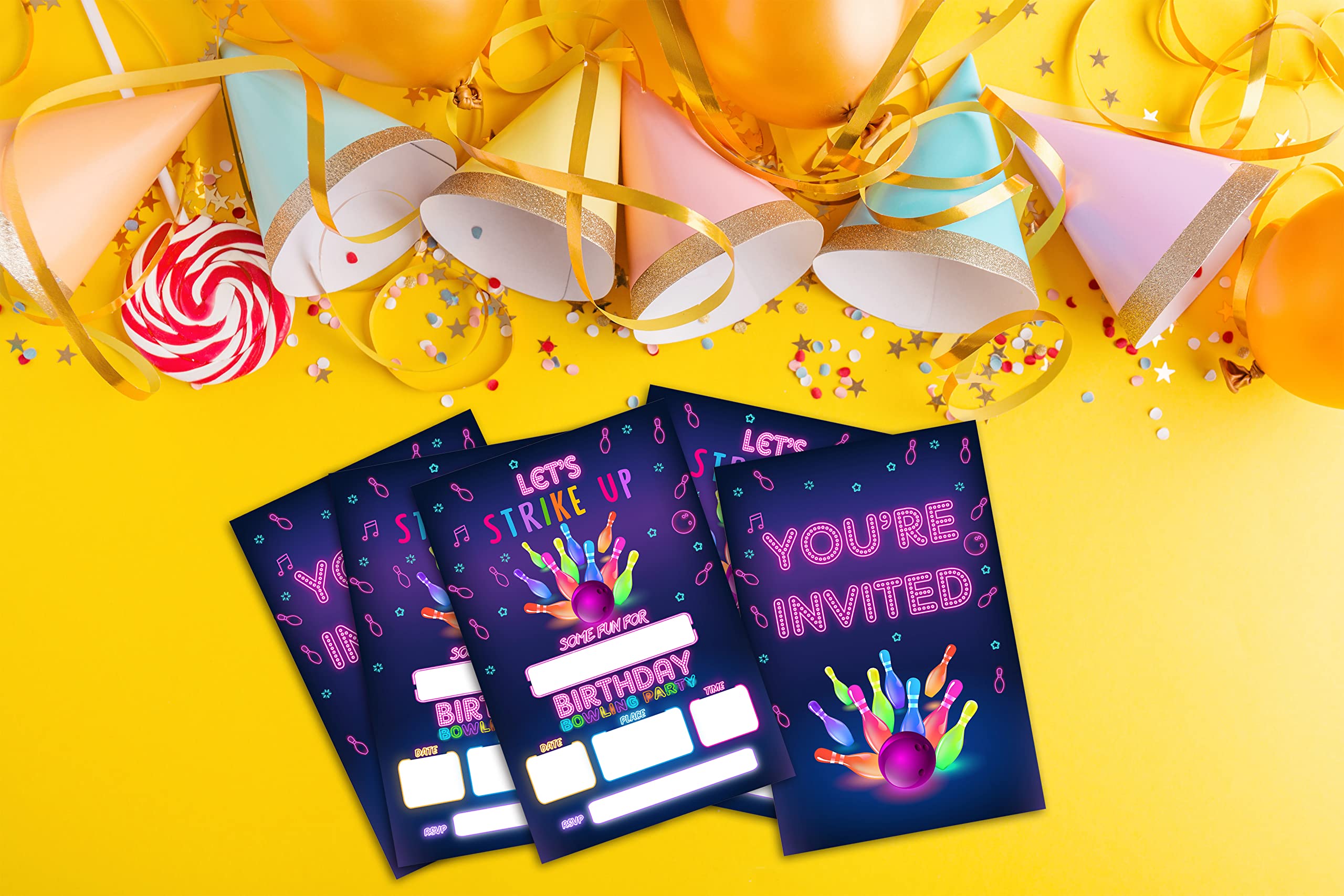 Let's Strike Up Bowling Birthday Party Invitations - Bowling Party Supplies - Fill in The Blank Birthday Party Invites - 20 Invitation Cards With 20 Envelopes - (006A)