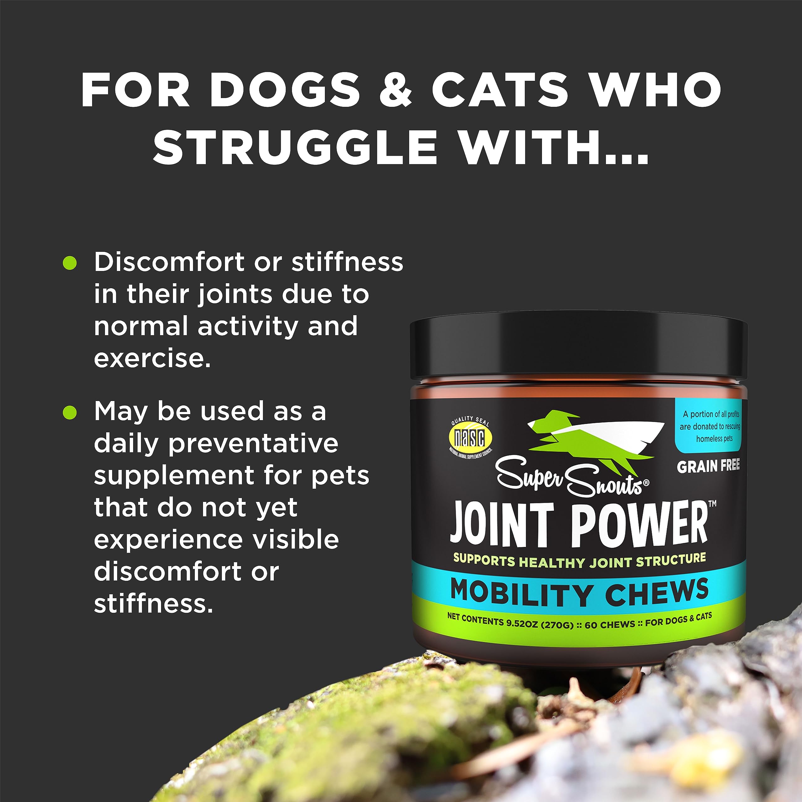 Super Snouts Joint Power – 60 Soft Chews – Joint Supplement for Dogs and Cats with Green Lipped Mussel Helps Ease Discomfort & Stiffness– Made in The USA