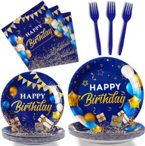 gisgfim 96 pcs blue and gold birthday plates and napkins party supplies navy blue party tableware set happy birthday decorations favors for men women birthday baby shower for 24 guests