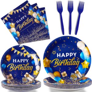 gisgfim 96 Pcs Blue and Gold Birthday Plates and Napkins Party Supplies Navy Blue Party Tableware Set Happy Birthday Decorations Favors for Men Women Birthday Baby Shower for 24 Guests