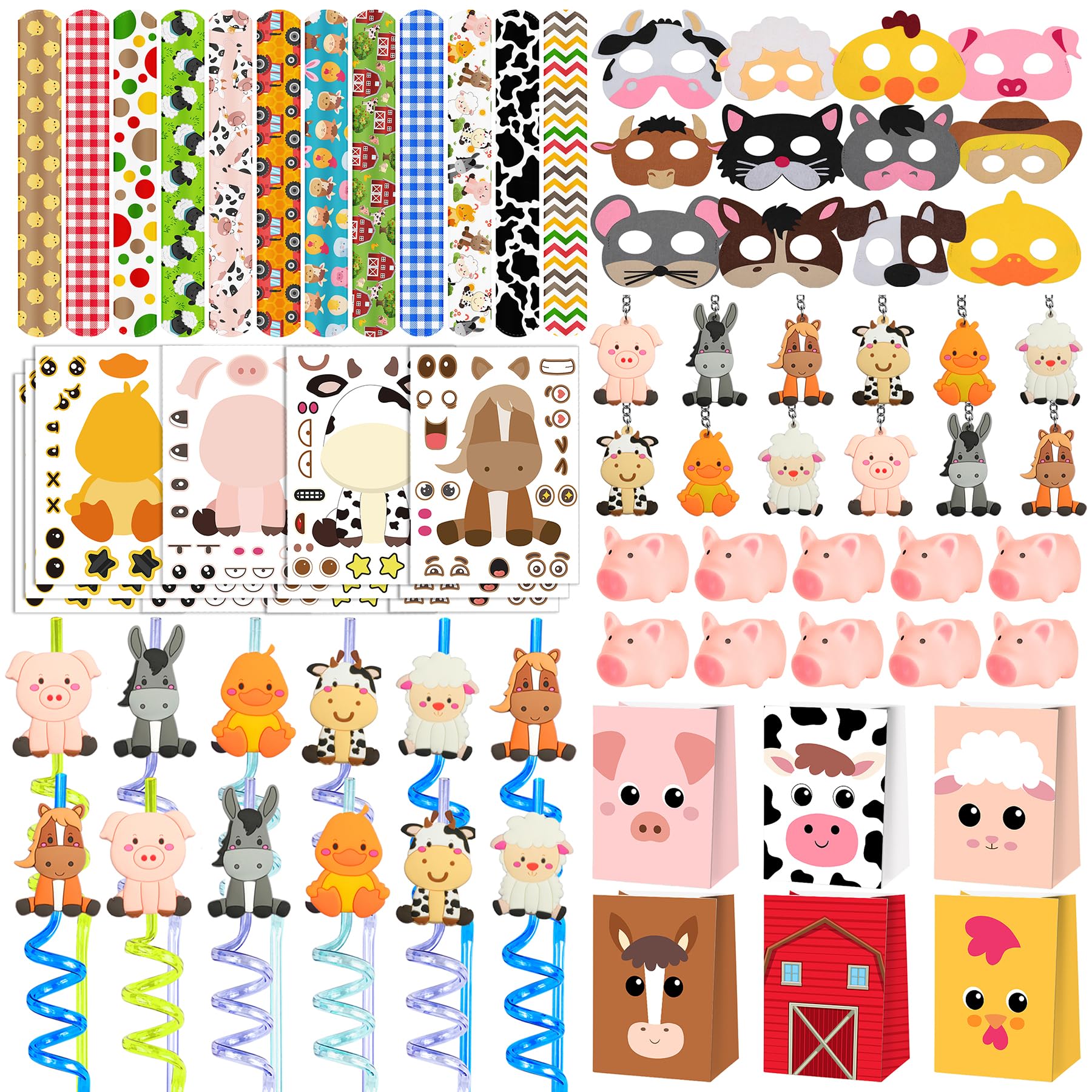 Farm Animals Party Favors Set 84 PCS Barnyard Animal Masks Sticker Keychains Straw Slap Bracelet Rubber Pigs Gift for Kids Birthday Party Baby Shower Goodie Bag Fillers Supplies