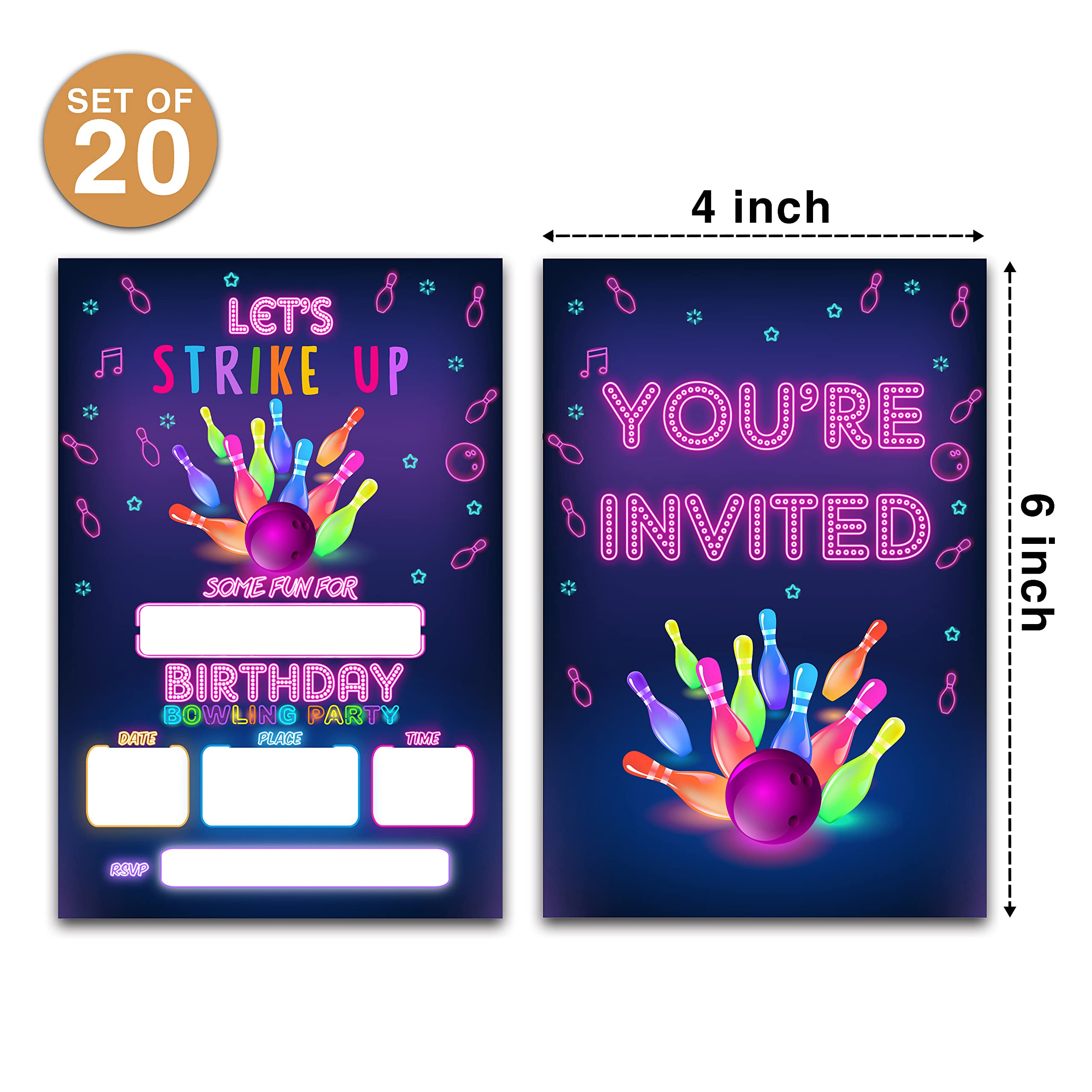 Let's Strike Up Bowling Birthday Party Invitations - Bowling Party Supplies - Fill in The Blank Birthday Party Invites - 20 Invitation Cards With 20 Envelopes - (006A)